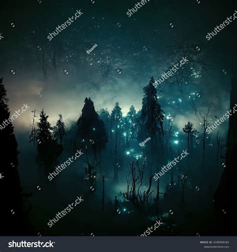 Realistic Haunted Forest Creepy Landscape Night Stock Illustration ...