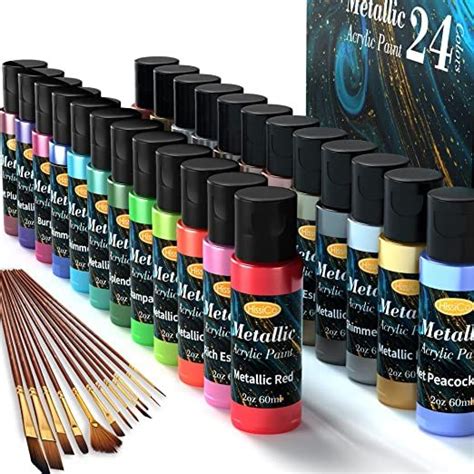 Metallic Acrylic Paint Set of Premium 24 Colors with 12 Brushes ...