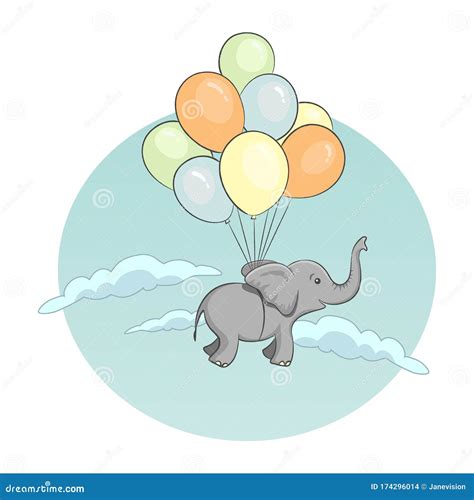 Elephant Flying Suspended From Bunch Of Balloons Stock Vector