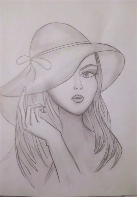 drawing of a girl with hat | Drawings, Girl with hat, Painting