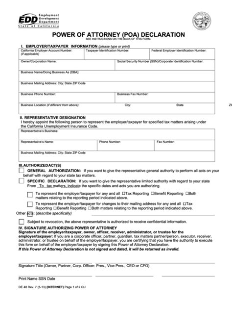 Fillable Form De 48 Power Of Attorney Poa Declaration Printable Pdf