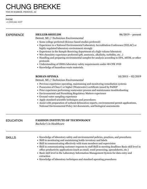 Technician Environmental Resume Samples | Velvet Jobs