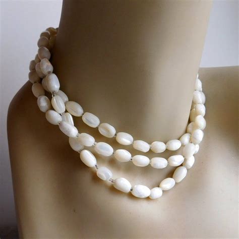 Vintage Mother Of Pearl Beaded Necklace Long Oval Creamy Etsy Pearl Beads Beaded Necklace