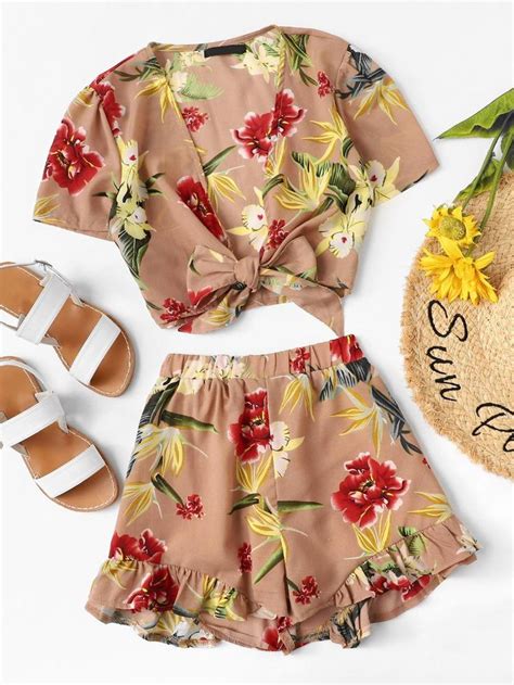 Shein Knot Front Floral Top And Ruffle Shorts Co Ord Fashion Cute