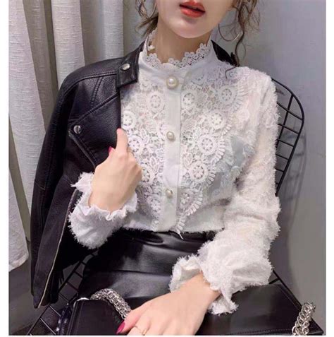 Long Sleeve High Collar Lace Blouse Shirt – Nada Outfit Land