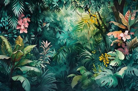 Premium Photo | A painting of a tropical jungle with tropical plants ...