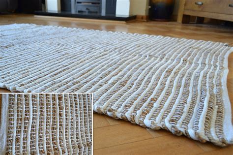 Large Jute Rug White Chindi Cotton Stripe Handmade Knotted Dhurrie