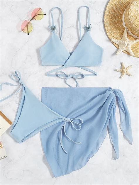 Shein Swim Vcay Chiffon Bikini Set Appliques Crisscross Tie Back