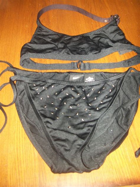 Mossimo 2 Piece Black Bikini Size M Adjustable Halter Strap Metal Polka