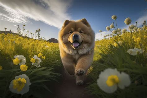 A Chow Chow Puppy Running Through A Field Generative Ai Stock Photo