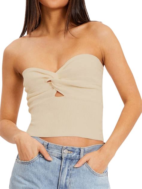 Boiiwant Women Strapless Crop Tops Solid Color Twist Front Cutout