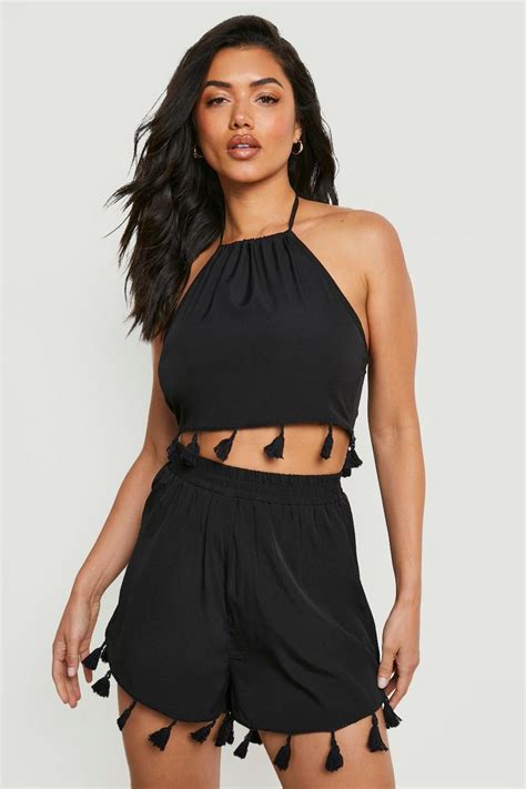 Womens Tassel Halter Top And Short Beach Co Ord Boohoo Uk