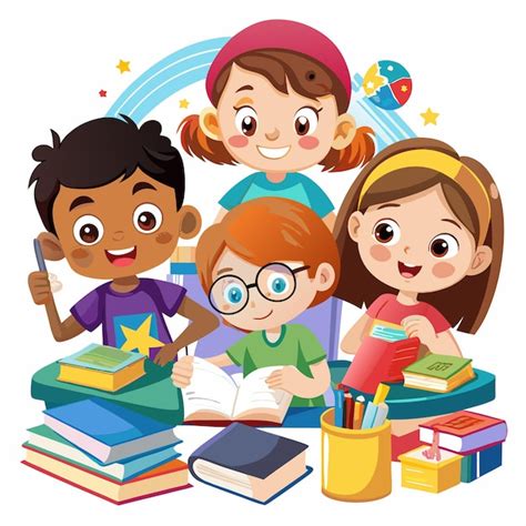 Criancas Estudando - Quatro crianças alegres estudando juntas em uma mesa com livros, lápis ...