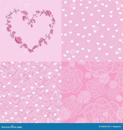 Set Of Romantic Seamless Patterns And Floral Heart Stock Illustration