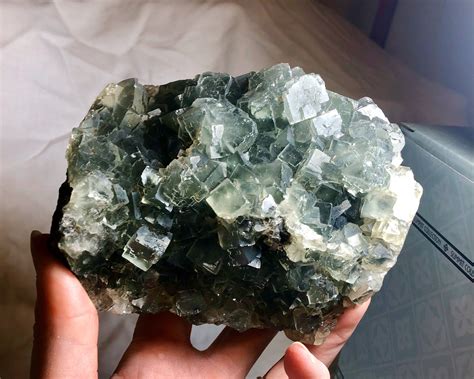 G Large Green Cubic Fluorite With Clear Quartz Crystal Cluster Specimen