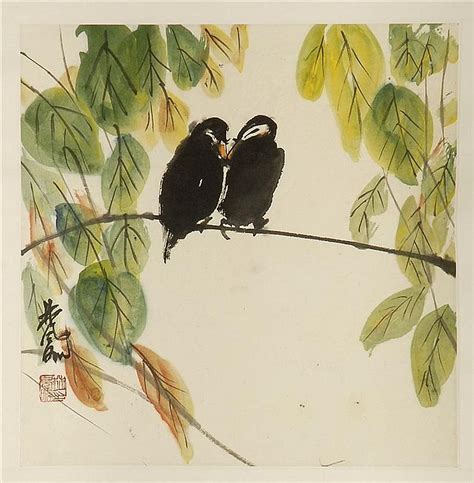 Lot - SCROLL PAINTING ON PAPER By Lin Feng-mien. Depicting two birds on ...