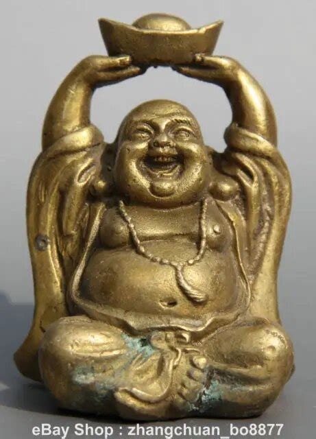 Chinese Fengshui Brass Happy Laugh Maitreya Yuanbao Ruyi Bat Buddha