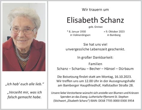 Elisabeth Schanz Traueranzeige Trauer Infranken De