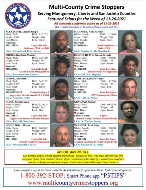 Montgomery County Crimestoppers Friday Featured Felons