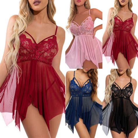 Women Lace Mesh Nightdress Thong Babydoll Lingerie Robe Nightwear