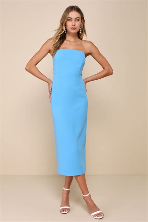 Light Blue Midi Dress Strapless Dress Midi Cocktail Dress Lulus