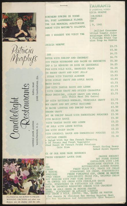 Patricia Murphy's Candlelight Restaurant Menu Fort Lauderdale FL 4/9 1961