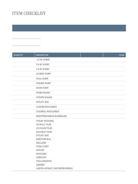 Warehouse Item Checklist Per Room | PDF