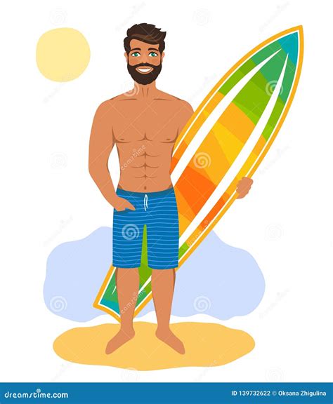 Handsome Man Standing With Surfboard Stock Illustration Illustration