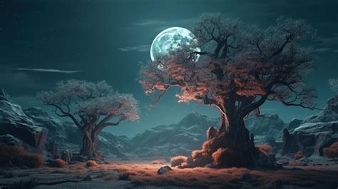 Premium Photo Fantasy Landscape With Tree And Full Moon Generative Ai