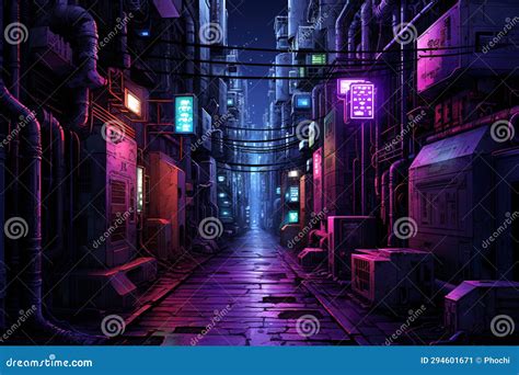 Dark Alley In Cyberspace Hyper Detailed Digital Art Stock