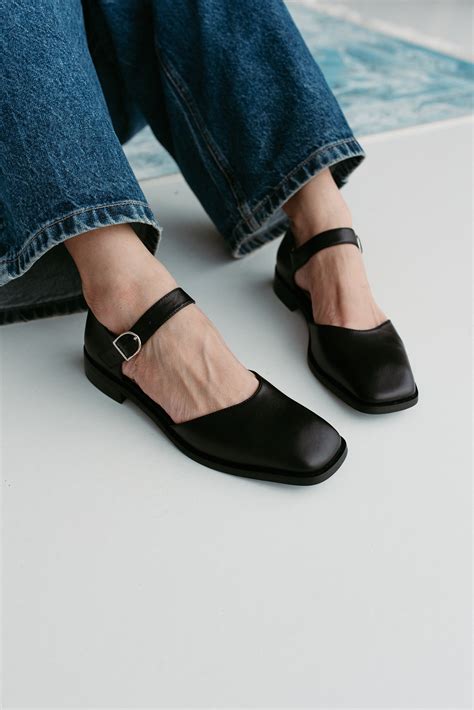 Square Toe Mary Jane In Black Leather Women Flats Shoes Low Etsy