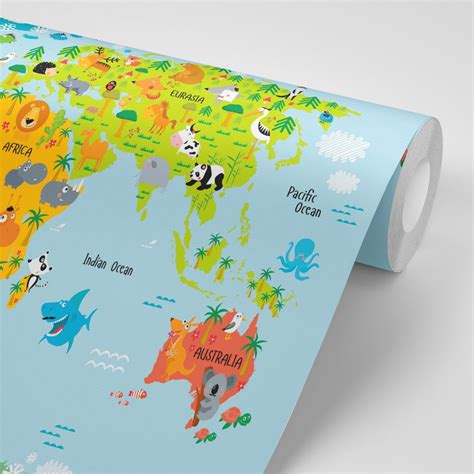 Papier Peint Autocollant Carte Du Monde Pour Enfants Avec Des Animaux