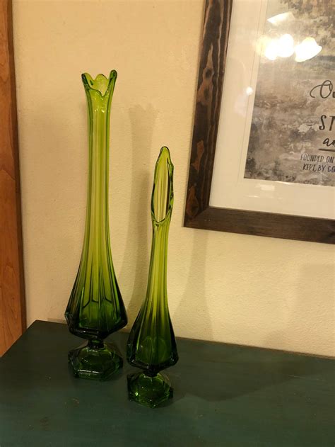 Pair Of Tall Green Viking Glass Vases Etsy