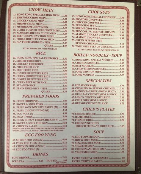 Menu At Hong Kong Chop Suey Restaurant Orosi Avenue B