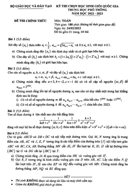 Đề thi chọn học sinh giỏi Quốc gia môn Toán THPT năm học 2022 2023 Bản