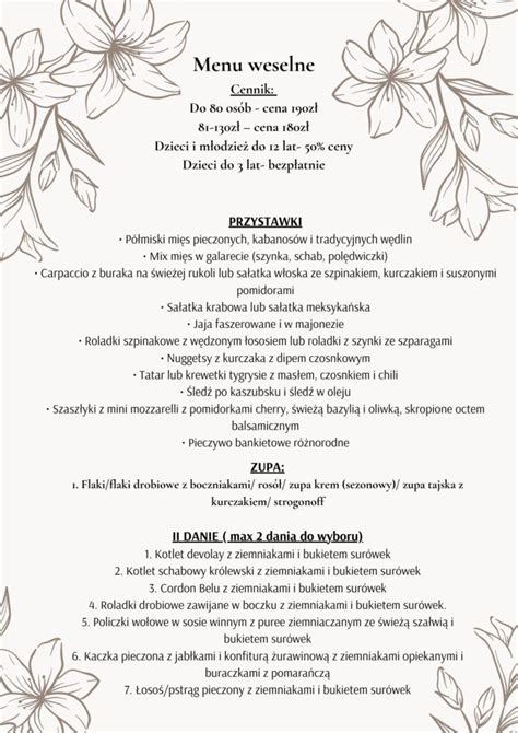 Menu Weselne Restauracja D Bianka Tel D Be Wielkie