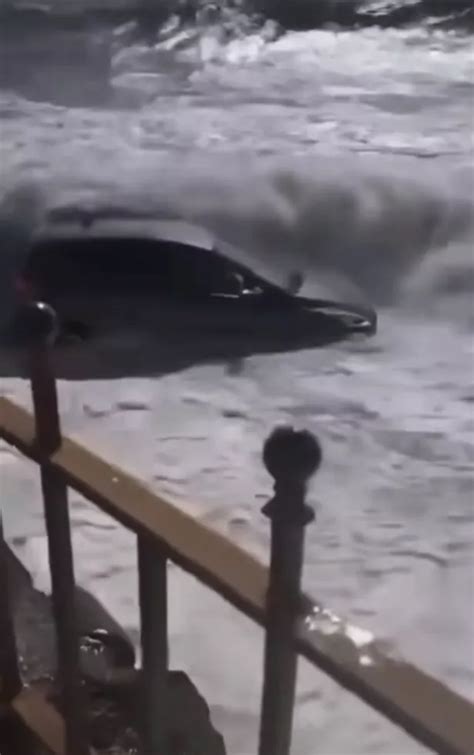 Moment Car Swept Into Sea In Scots Village As Storm Kathleen Batters