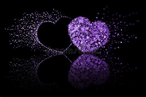 Two Purple Hearts On Black Background With Reflection Effect Stock ...