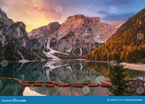 Lago Di Braies Lake And Seekofel Peak At Sunrise, Dolomites. Italy ...