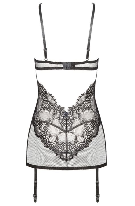 Beauty Night 2PC Black Tulle Lace Marion Plunging Garter Chemise Set DISCONTINUED Nico Lingerie