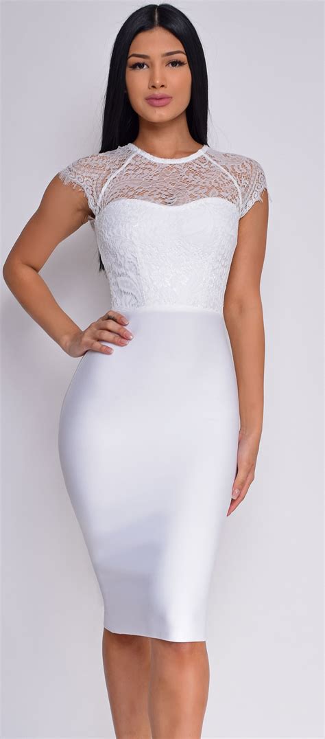 Makenna White Lace Cap Sleeve Bandage Dress Emprada