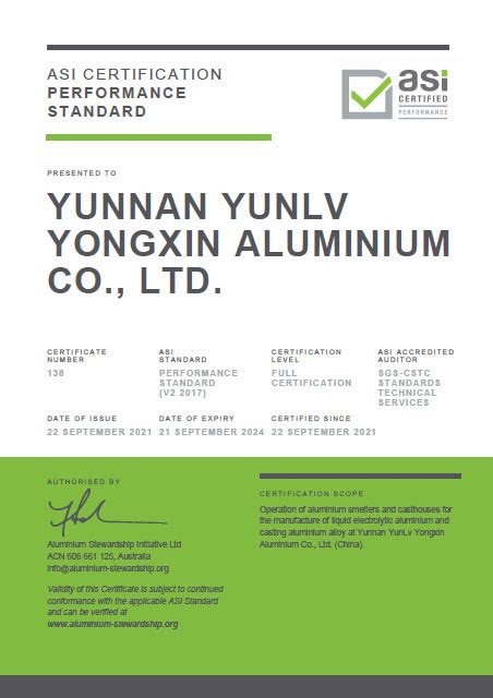 Aluminium Stewardship Initiative Certifies Yunnan Yunlv Yongxin