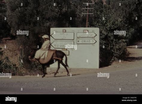 A Man Rides On A Donkey Past A Directional Road Sign In Moulay Idriss