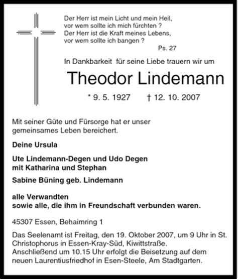 Traueranzeigen Von Theodor Lindemann Trauer In Nrw De