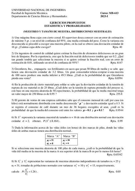 Ejercicios Muestreo Y Tamaño De Muestra Distribuciones Muestrales Universidad Nacional De