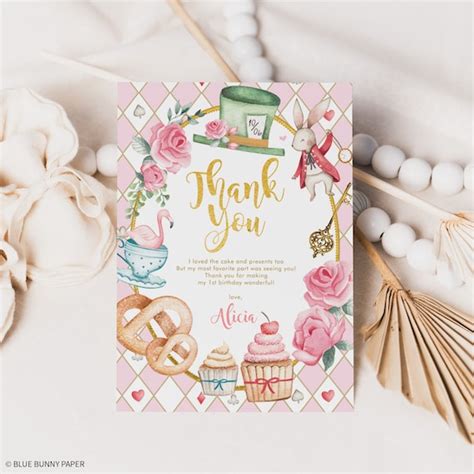 Alice In Onederland Thank You Card Mad Hatter Wonderland Pink Tea Party