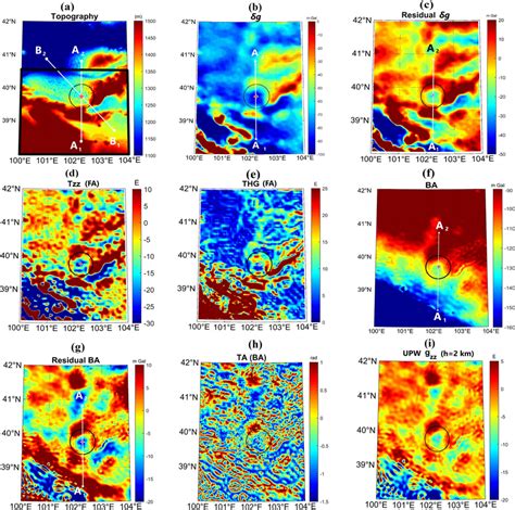 a Topography b Free air gravity disturbance δg c Residual δg