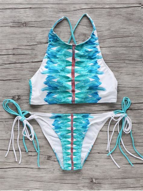 Off High Neck String Bikini Set In White And Green Zaful