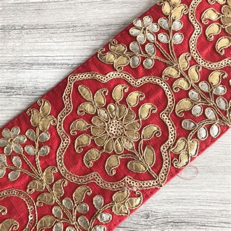 Red Sari Fabric Trim Silk Ribbon Saree Border Lehenga Fabric Zari