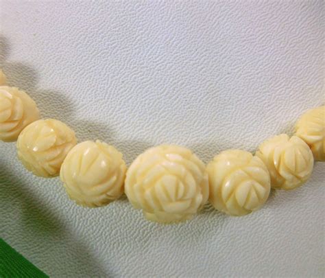 Vintage Hand Carved Roses Bone Bead Necklace